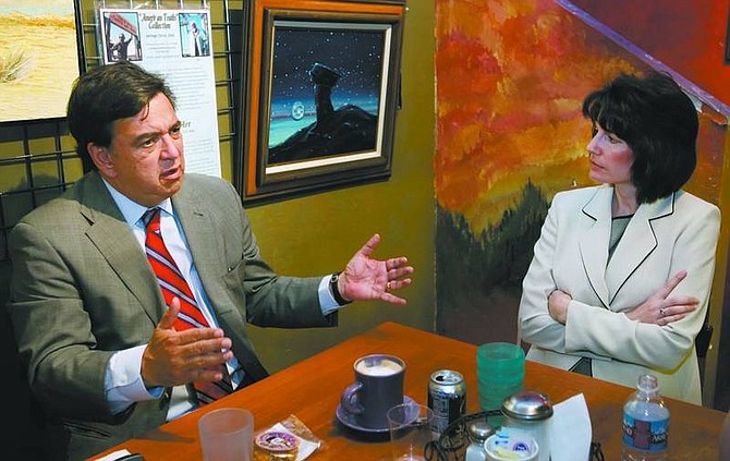 Bill Richardson speaks with    Nevada Attorney General Catherine Cortez Masto at Comma Coffee   during a campaign stop     Monday.