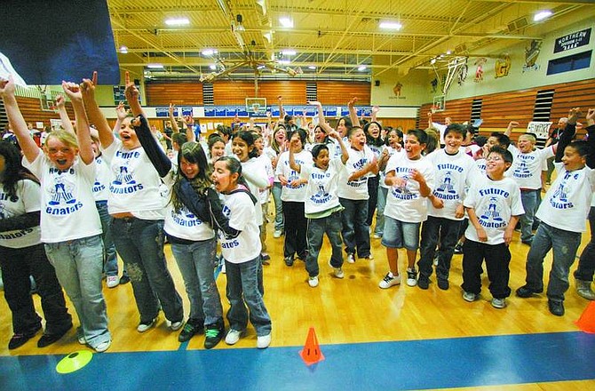 BRAD HORN/Nevada Appeal Empire Elementary School students react after winning first place in the Senator Olympics at Morse Burley Gym at Carson High School on Friday.