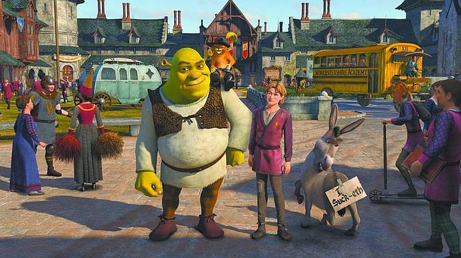 Paramount provided this photo of Shrek (Mike Myers), Puss in Boots (Antonio Banderas), Artie (Justin Timberlake) and Donkey (Eddie Murphy) in &quot;Shrek the Third.&quot; (AP Photo/Paramount Pictures)