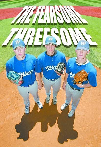 photo illustration by Cathleen Allison and Phil Wooley/Nevada Appeal Wildcats pitchers, from left, Cole Rohrbough, Justin Garcia and Stephen Sauer pose Tuesday at Western Nevada Community College.