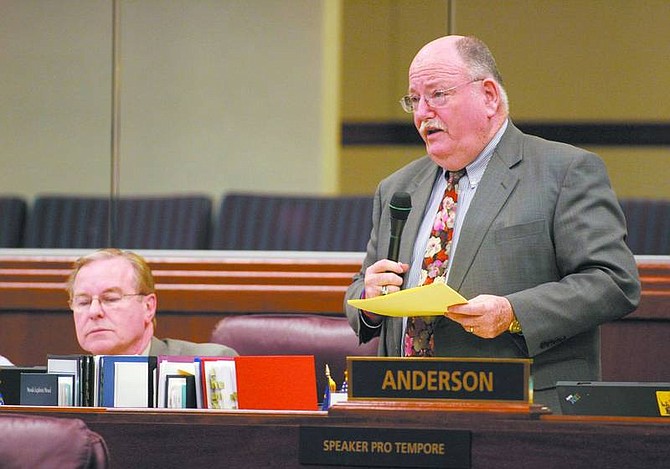 Nevada Assemblyman Bernie Anderson, D-Sparks, speaks Tuesday at the Legislature, with Assemblyman David Parks, D-Las Vegas, looking on. Despite Anderson&#039;s plea earlier in the day, lawmakers failed to pass a key anti-meth bill.    Cathleen Allison/Nevada Appeal