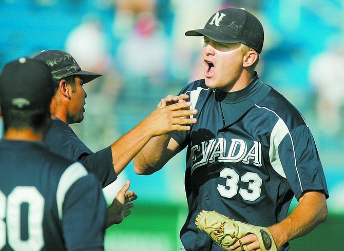 BRAD HORN/Nevada Appeal Nevada pitcher Matt Renfree celebrates closing the game against Hawai&#039;i in the 11th inning at Peccole Park during a Western Athletic Conference tournament game on Saturday.