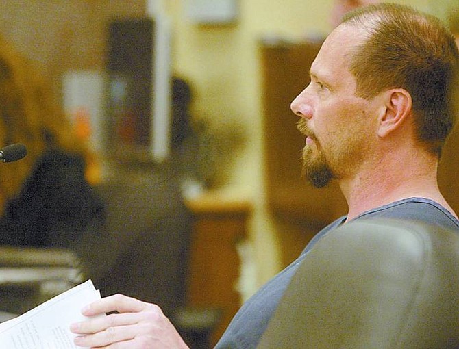 James Hope talks to Judge Jim EnEarl in court on Monday. Hope is charged in Douglas County with lewdness with a child under 14, which allegedly happened while he was awaiting trial in Carson City on allegations he had molested two sisters, ages 4 and 6.  Shannon Litz/ Nevada Appeal News Service