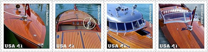 These images provided by the U.S. Postal Service shows four classic wooden speedboats commemorative postage stamps. The first-day-of-issue stamp dedication ceremony takes place at Saturday, Aug. 4, 2007, at the annual antique boat show in Clayton, N.Y., and a special second dedication ceremony will be held Aug. 9, 2007, at Lake Tahoe. From left are, a 1915 Hutchinson, a 1954 Chris-Craft, a 1939 Hacker-Craft commuter boat, and a 1931 Gar Wood triple cockpit runabout.  (AP Photo/USPS)