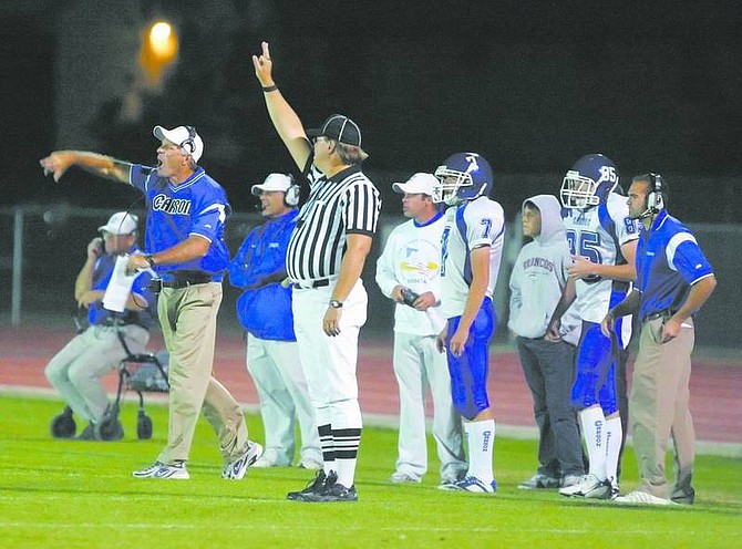 BRAD HORN/Nevada Appeal file photo Carson High School football head coach Shane Quilling reacts to an official&#039;s call during the Senator&#039;s game against the Reno Huskies on Sept. 14.
