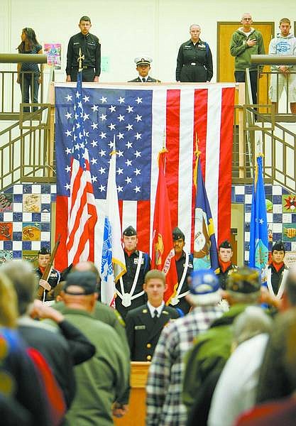 BRAD HORN/Nevada Appeal Carson High School&#039;s Naval Junior ROTC Color Guard present the colors at the school&#039;s Veterans Recognition Ceremony in Senator Square on Friday.