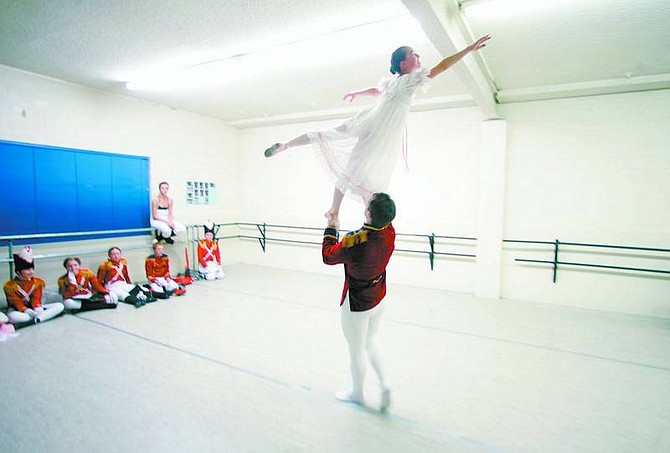 BRAD HORN/Nevada Appeal Ryan Frier and Morgan Gillott, 11, rehearse for the upcoming performance of &#039;The Nutcracker&#039; while at Pinkerton Dance Studio on Friday.