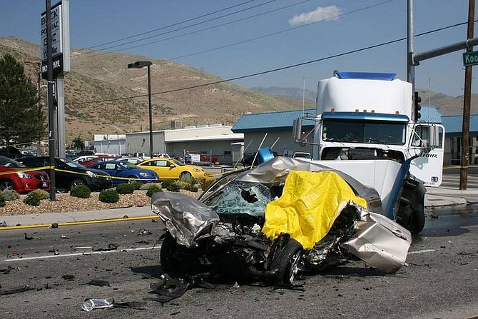 Rhonda Costa-Landers/Nevada AppealA Carson City man was killed Monday morning when he collided head-on with a semi-truck on South Carson Street at Koontz Lane.