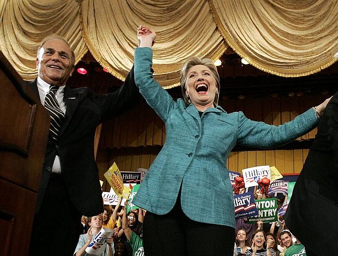 Elise Amendola/Associated PRess  Democratic presidential hopeful Sen. Hillary Rodham Clinton, D-N.Y., celebrates with Pennsylvania Gov. Ed Rendell at her Pennsylvania primary election night party in Philadelphia on Tuesday.