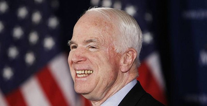 Republican presidential hopeful, Sen. John McCain, R-Ariz., speaks at a news conference in Annapolis, Md. Monday, Feb. 11, 2008. (AP Photo/Gerald Herbert)