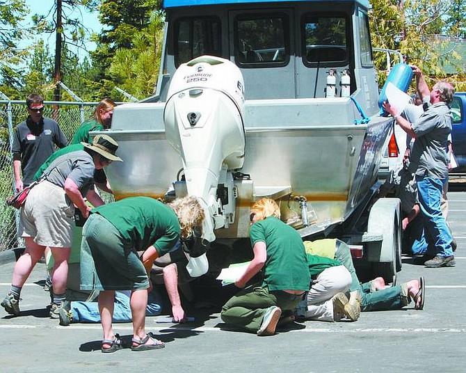 Jim Grant/NEVADA Appeal News Service Aquatic invasive species inspectors work on an exercise last week to locate quagga mussels that have attached to a vessel&#039;s hull, engine or bilge.