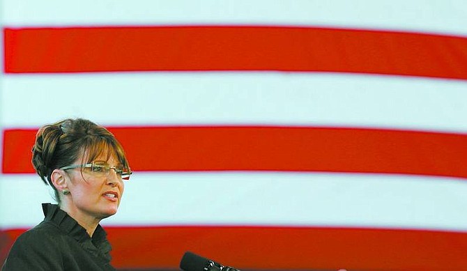 BRAD HORN/Nevada Appeal Republican vice presidential candidate and Alaska Gov. Sarah Palin speaks to the crowd at the Pony Express Pavilion at Mills Park on Saturday.