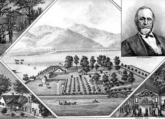 Myron Angels&#039; History of Nevada 1881 A sketch of Aaron D. Treadway and his park with the V &amp; T going past.