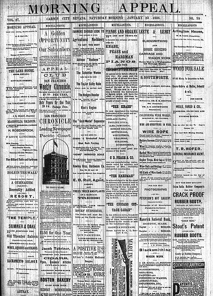 The front page of the Morning Appeal on Saturday, Jan. 23, 1886.