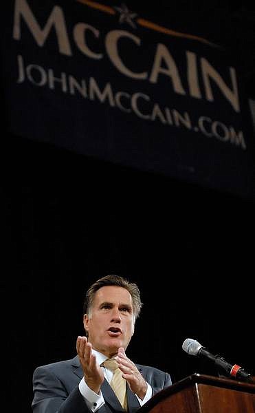 Kevin Clifford/Nevada Appeal Former GOP presidential candidate Mitt Romney talks to the Nevada State Republican Convention about the war in Iraq on behalf of Republican presidential candidate Sen. John McCain, R-Ariz., at the Peppermill Resort/Casino on Saturday in Reno.