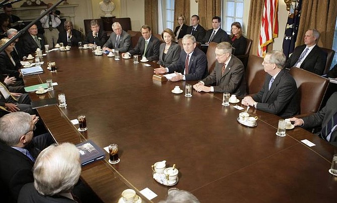 Pablo Martinex Monsivais/AP photoPresident Bush, center right, meets with Congressional leaders to discuss the economy in the Cabinet Room of the White House in Washington.