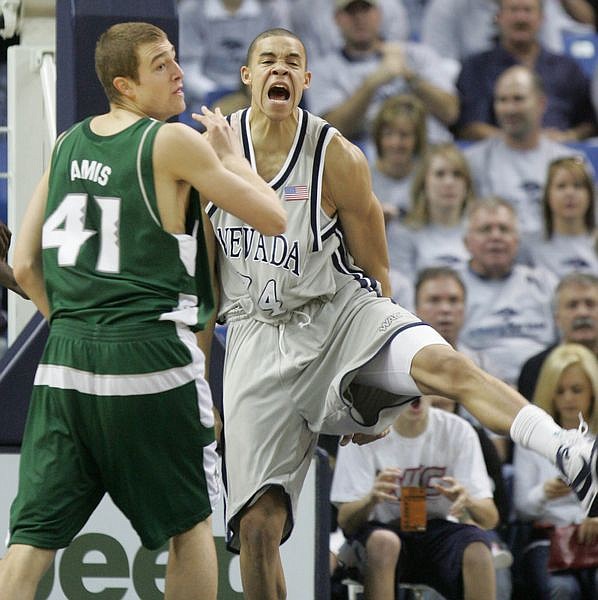 Photo by Brad HornNevada&#039;s JaVale McGee reacts after blocking Hawai&#039;i&#039;s Bill Amis at Lawlor Events Center Saturday. The Wolf Pack is leading 44-33