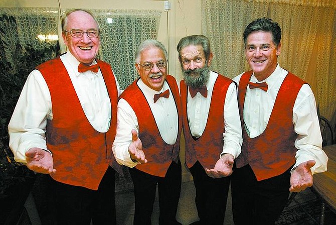 Cathleen Allison/Nevada Appeal file photo Barbershop quartet members, from left, Jim Crowley, Dave Ramer, Lester Harris and Rook Wetzel, will be delivering Singing Valentines around Carson City next week as part of three groups performing to raise money for the Chorus on the Comstock organization.