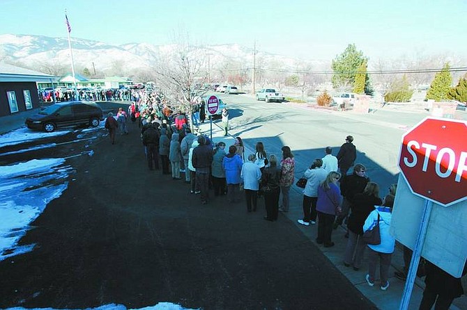 BRAD HORN/Nevada Appeal The line for the Republican Caucus at the Carson City Senior Citizens Center extended past the entrance to their new building on Saturday.