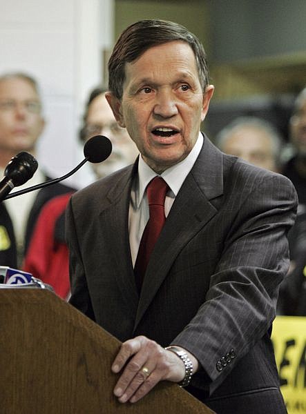 ** FILE ** U.S. Rep. Dennis Kucinich announces he will seek re-election to Congress at the Laborers International Union hall in Cleveland in this Jan. 9, 2008 file photo. Kucinich plans to announce Friday, Jan. 25, 2008, he will abandon his campaign for the Democratic Presidential nomination to concentrate on his 10th Ohio Congressional run. (AP Photo/Mark Duncan)