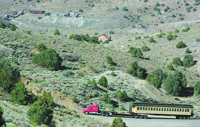 BRAD HORN/Nevada Appeal The Pullman railroad car travels toward Virginia City on State Route 341 Thursday morning. The railroad car will eventually be used on the V&amp;T Railroad from Gold Hill to Virginia City.