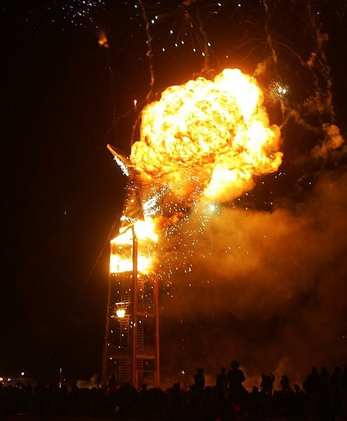 &#039;The Man&#039; burns during the Burning Man festival in the Black Rock Desert near Gerlach, Nev., on Saturday, Aug. 30, 2008. (AP Photo/Brad Horn)