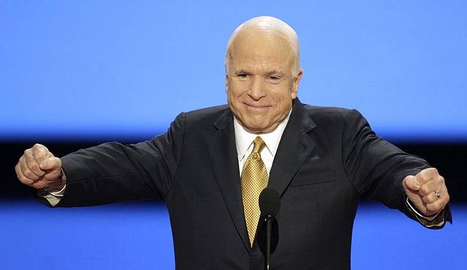 Republican presidential nominee John McCain finishes his acceptance speech at the Republican National Convention in St. Paul, Minn., Thursday, Sept. 4, 2008.  (AP Photo/Ron Edmonds)