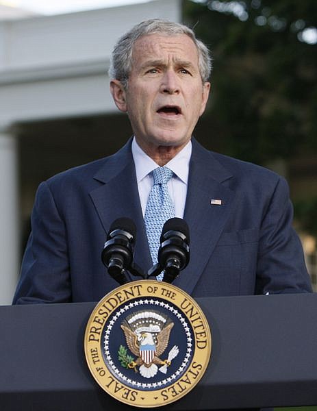 President Bush makes a statement about the economy, Monday, Sept. 29, 2008, on the South Lawn of the White House in Washington. (AP Photo/Charles Dharapak)