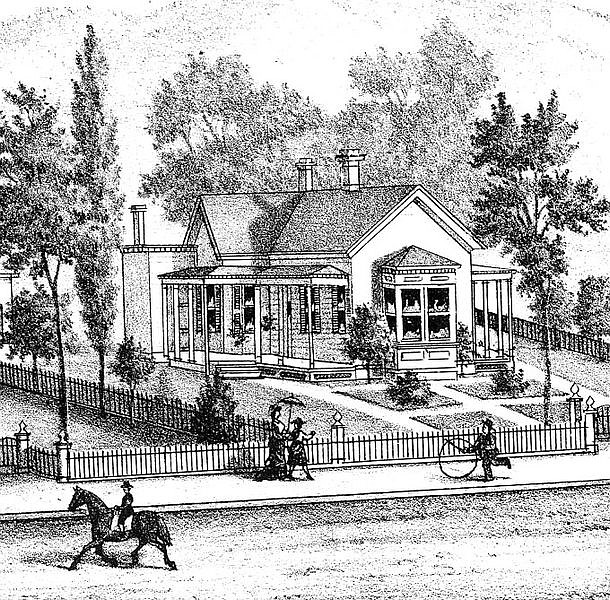 The original sketch of the home of Gov. Roswell K. Colcord&#039;s home as it appeared in Thompson and West. It was originally the home of Chas. F. Bicknell.