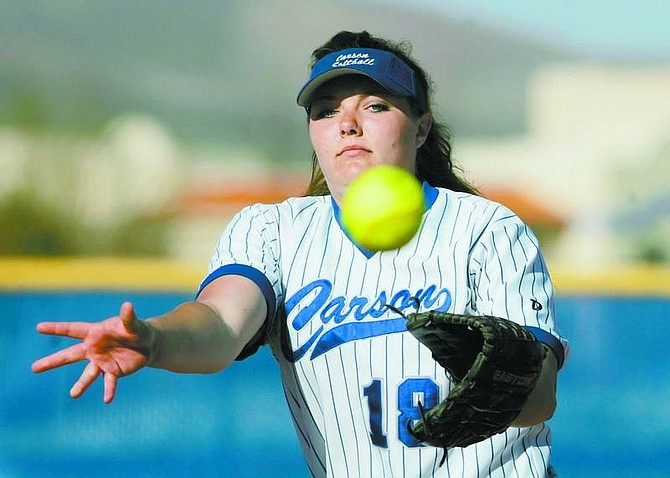 BRAD HORN/Nevada Appeal Carson&#039;s Cassie Vondrak delivers a pitch during the fourth inning of her no-hitter against South Lake Tahoe in Carson on Thursday.