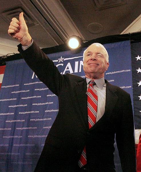 Republican presidential hopeful Sen. John McCain, R-Ariz., gives thumbs-up and a wink to supporters on election night in Nashua, N.H., Tuesday, Jan. 8, 2008. McCain won the New Hampshire Republican primary, completing a remarkable comeback and climbing back into contention for the presidential nomination.  (AP Photo/Charles Dharapak)