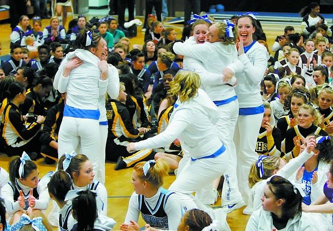 BRAD HORN/Nevada AppealThe Carson High School cheerleading team reacts after winning runner-up honors in the 4A all girl stunt division on Saturday at the third annual Silver State Spirit Championships at Morse Burley Gym.