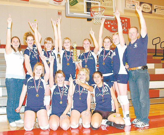 The Carson Middle School eighth-grade volleyball team is, back row from left: Kristina Diamond, assistant coach, Mckenzie Price, Emmy Heller, Morgan Hart, Kenzie Tillitt,  Krista Stocke,  Maddie Saarem and coach Robert Maw. Front row: Brooklyn Maw, Kammy Forrest, Brianna McCord and Janae Johnson.