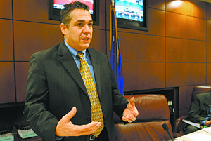 Nevada Assemblyman Marcus Conklin, D-Las Vegas, speaks Wednesday, Feb. 25, 2009, at the Legislature in Carson City, Nev. Conklin introduced two bills earlier Wednesday that would help renters and homeowners with foreclosures. (AP Photo/Nevada Appeal, Cathleen Allison)