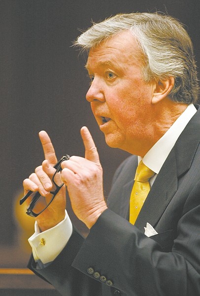 Donald Campbell argues before the Nevada Supreme Court on Tuesday, Mar. 3, 2009, in Carson City, Nev. Justices raised repeated questions about the way in which a judge in the O.J. Simpson robbery-kidnapping trial first withheld jury questionnaires from the media and finally released censored versions. (AP Photo/Nevada Appeal, Cathleen Allison)