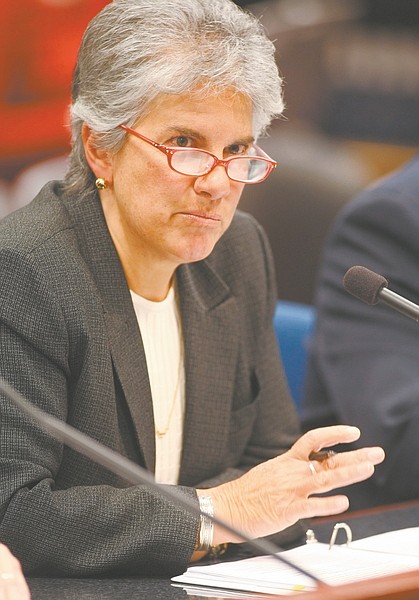 Joanne Marchetta, acting director of the Tahoe Regional Planning Agency, testifies Friday, March 6, 2009, at the Legislature in Carson City, Nev. TRPA officials told lawmakers the proposed cuts in Nevada&#039;s share of funding for the agency would hurt the bistate agency&#039;s ability to carry out its mission of protecting mile-high Lake Tahoe. (AP Photo/Nevada Appeal, Cathleen Allison)