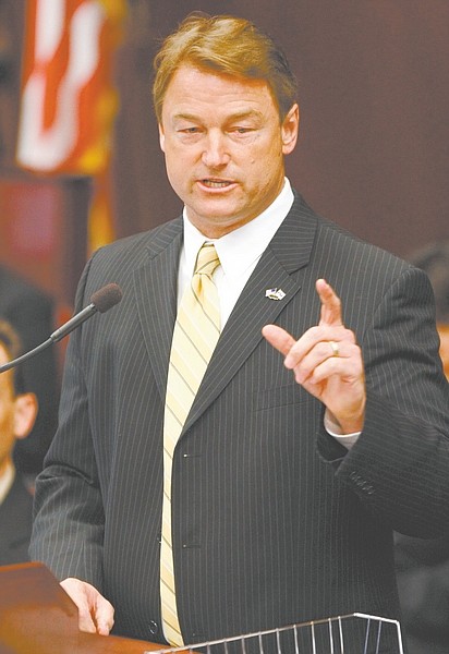 Rep. Dean Heller, R-Nev. speaks to state lawmakers Friday, April 17, 2009, at the Legislature in Carson City, Nev. (AP Photo/Nevada Appeal, Cathleen Allison)