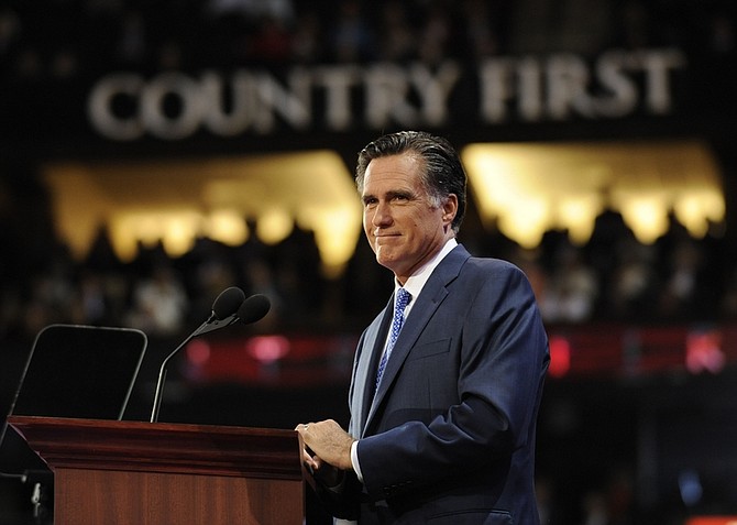 In this Sept. 3, 2008 photograph, former Massachusetts Gov. Mitt Romney speaks at the Republican National Convention in St. Paul, Minn.(AP Photo/Susan Walsh)