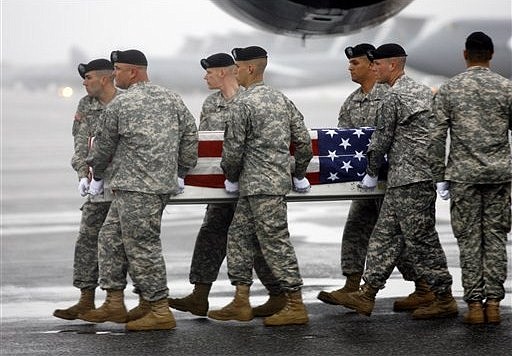 An  Army carry team carries the transfer case containing the remains of Army Specialist Jeremiah P. McCleery of Portola, Calif.. during a dignified transfer ceremony on Monday, May 4, 2009 at Dover Air Force Base, Del. (AP Photo/Jose Luis Magana)