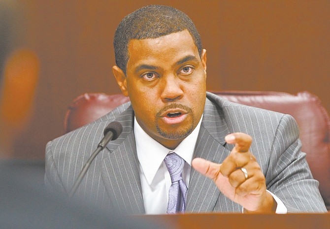 Nevada Senate Majority Leader Steven Horsford, D-Las Vegas, speaks Wednesday, May 27, 2009, in a hearing at the Legislature in Carson City, Nev. Later Wednesday, lawmakers advanced Horsford&#039;s plan that would enable the state to use federal stimulus dollars to train a renewable energy work force. (AP Photo/Nevada Appeal, Cathleen Allison) ** Mags out, No sales **