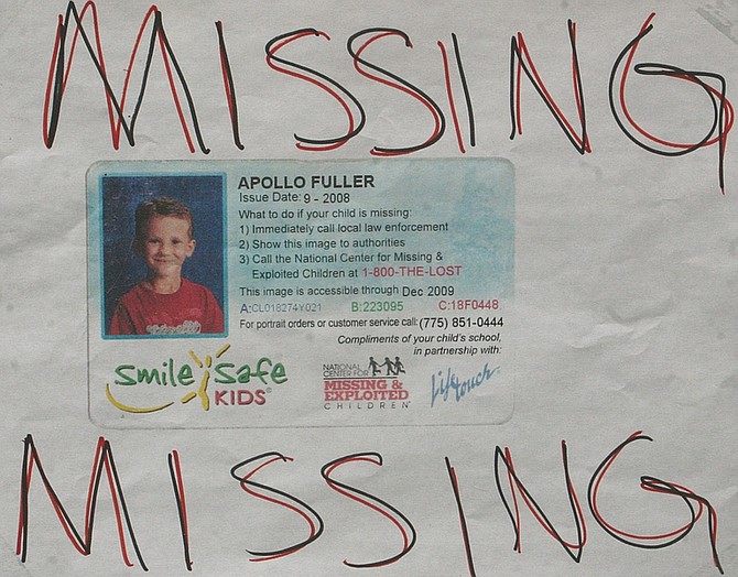 Steve Ranson/Nevada Appeal News ServiceA small poster describing 6-year-old Apollo Fuller was posted at the entrance of Lahontan State Park after he disappeared Saturday while camping with his family. Authorities on Monday recovered the boy&#039;s body.
