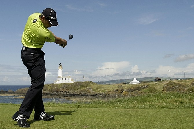Sergio Garcia of Spain tees off from the ninth during practice for the British Open Golf championship, at the Turnberry golf course, Scotland, Wednesday, July 15, 2009. (AP Photo/Matt Dunham)