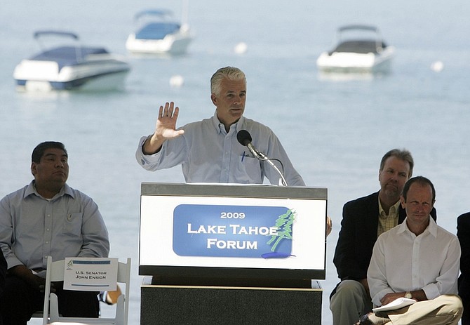 Sen. John Ensign, R-Nevada, speaks at Round Hill Pines Beach in South Lake Tahoe, Nev., during an environmental summit on Thursday, Aug. 20, 2009.