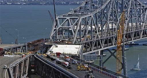 A replacement section slides into place connecting the new detour route during the San Francisco-Oakland Bay Bridge seismic retrofit in San Francisco, Saturday, Sept. 5, 2009. The bridge is closed over the Labor Day weekend and expected to reopen before morning rush hour Tuesday. (AP Photo/Russel A. Daniels)
