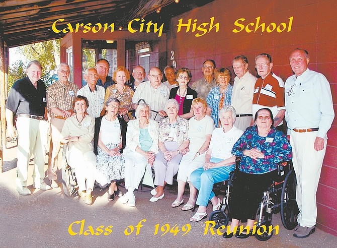 Courtesy photoMembers of the Carson High School Class of 1949 got together for their 60th reunion this summer. In the back row, from left: Ron Lyman, Joe Pieretti, Ken McCray, Bill Awbrey, Patricia McLeod Lording, Ted Miller, Herb Gillie, Ralph Grinnell, Betty Ann Walker Service, Bill Warren, Debra Bible Bandini, Arnold Roy Odermatt, Ken Robbins and Giles Altenburg. Front row from left: Mary Cameron McDonald, Alice Kean Whitaker, Barbara Billings House, Doris Stirman Day, Beverly Stirman Davis, Catherine Baxter Mathiesen and Rosalin Marin Carvin.