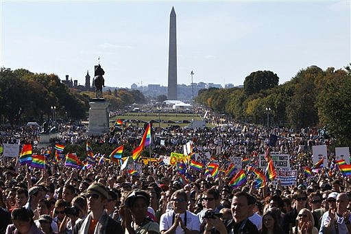 Gay rights advocates fill the west lawn of the Capitol during a rally in Washington, Sunday, Oct. 11, 2009. (AP Photo/Jacquelyn Martin)