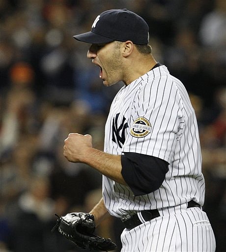 New York Yankees&#039; Andy Pettitte reacts after Los Angeles Angels&#039; Kendry Morales grounded out to end the top of the sixth inning of Game 6 of the American League Championship baseball series Sunday, Oct. 25, 2009, in New York. (AP Photo/Kathy Willens)