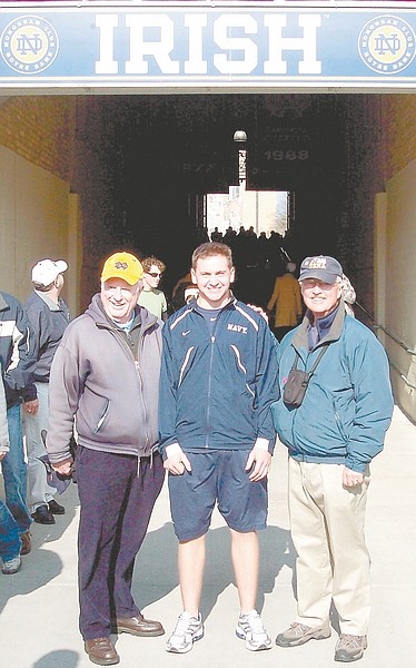 Jim Sasso, left, and Skip Cannady, right, attended the Navy-Notre Dame football game in South Bend, Ind., in November. Sasso is an alumnus of Notre Dame and Cannady an alumnus of the Naval Academy. They met up their with Carson High graduate Andrew Stephenson, who is a junior at the Naval Academy. Stephenson is a manager on the football team and arranged game tickets for the friends. BELOW: Carson City resident Jim de&#039;Arrieta, also a Notre Dame alumnus and former football player on their national championship team, who serves as an usher for the home games talks with Sasso before the game.