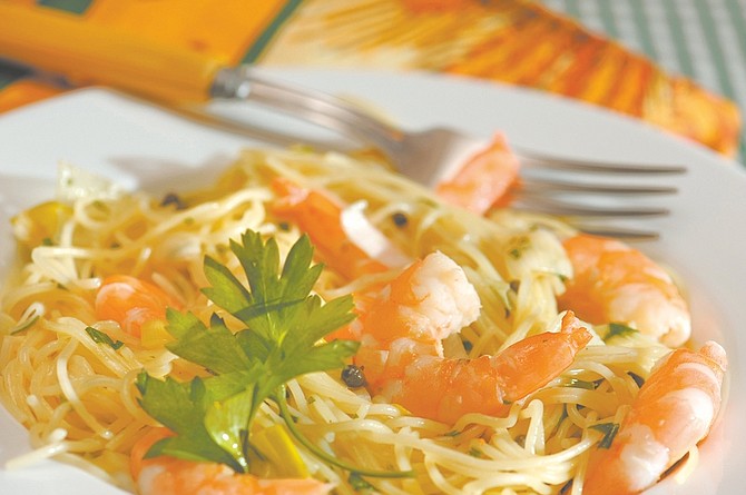 Shrimp and Leeks with Angel Hair Pasta.