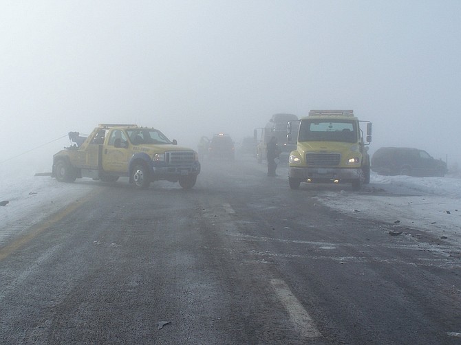 Courtesy: Trooper Chuck AllenLow visibility, freezing fog, and speeds too fast for conditions caused 10 accidents during the soutbound commute through Washoe Valley this morning.